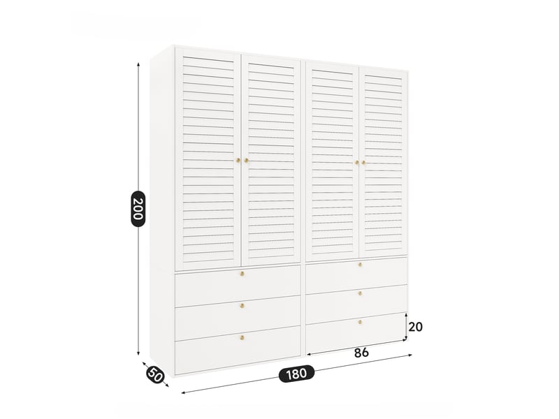  Armoire chambre 180x50x200cm, garde-robe 4 portes à persiennes, pour chambre et dressing, en panneaux de particules style moderne, blanc  - Conforama E