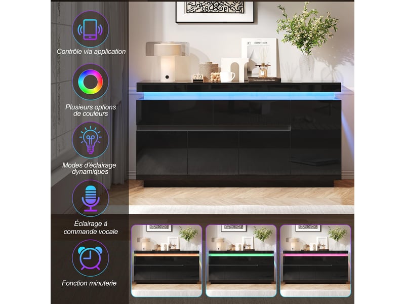  Buffet 4 portes et 2 tiroirs avec led brillant noir 140 x 35 x 72.5 cm N625P374488489S - Conforama E