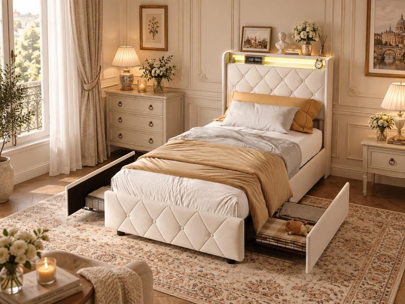  Lit 2 places 90x200 cm - avec éclairage led - tête de lit avec étagère - similicuir pu beige - sommier à lattes inclus  - Conforama B