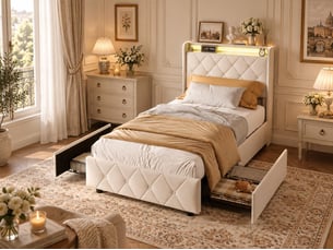 Lit 2 places 90x200 cm - avec éclairage led - tête de lit avec étagère - similicuir pu beige - sommier à lattes inclus