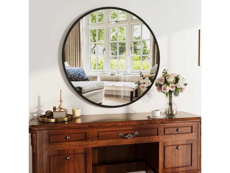  Miroir rond mural 75cm - miroir salle de bain en verre trempé incassable avec cadre aluminium - noir  - Conforama C