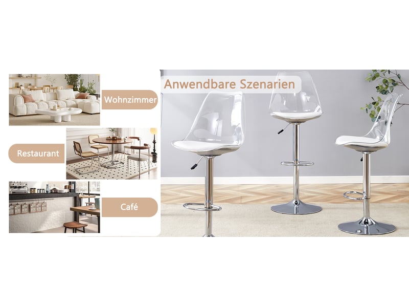 Lot de 2 tabourets de bar transparents avec dossier, réglables en hauteur et pivotants à 360°, assise pu blanc, pieds métal argenté - Conforama W