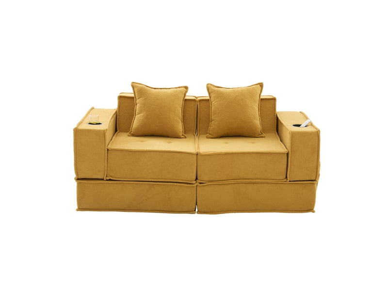  Canapé-lit modulaire ulevr 2 places convertible en chenille jaune moutarde, 162 x 78 x 66 cm, poches latérales et porte-gobelets  - Conforama A