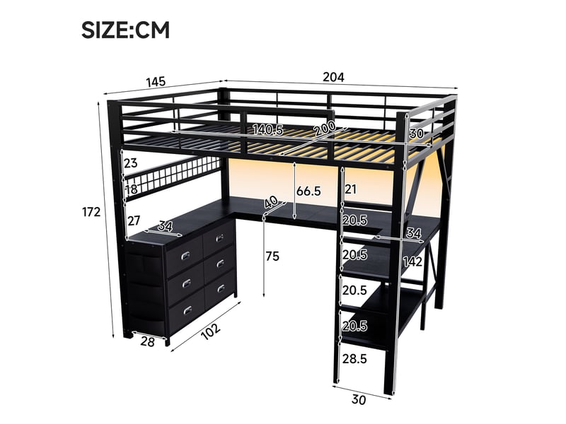  Lit mezzanine 140 × 200 cm 2 places avec 6 tiroirs, bureau, étagères et led, sans matelas, métal noir  - Conforama D