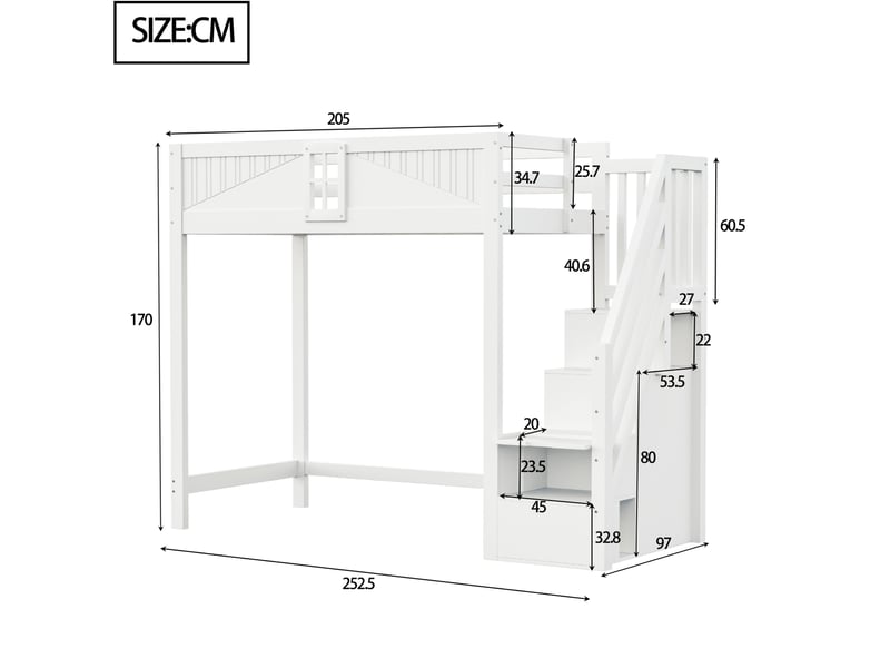  Lit mezzanine 90x200 cm, rangement, échelles latérales interchangeables, bois, blanc, moderne, sécurisé, sans matelas  - Conforama C
