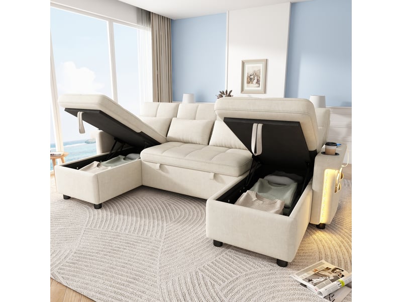 Canapé d'angle panoramique convertible 4 places polyester led beige coffre de rangement - Conforama B