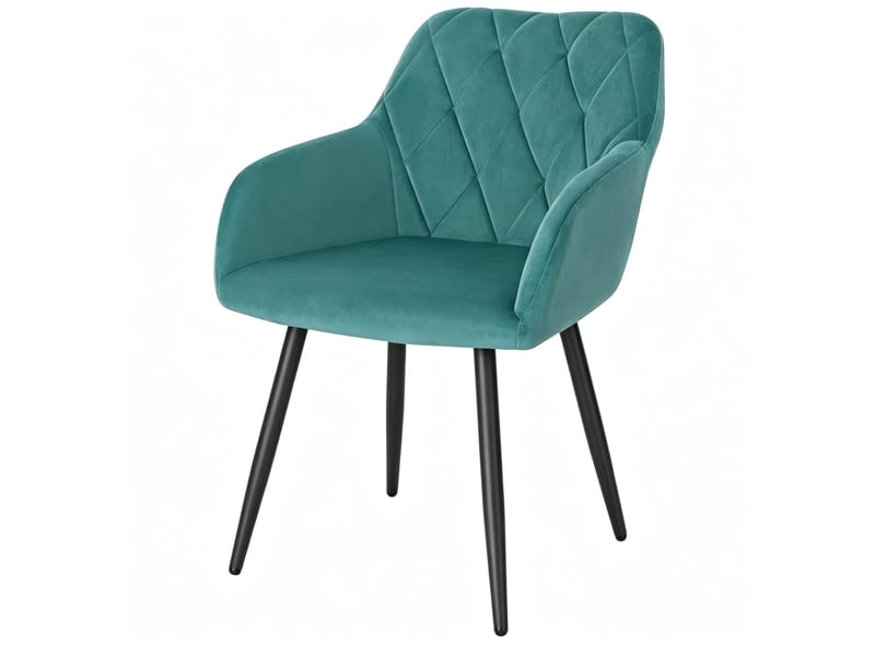  Chaise de salle à manger avec accoudoirs en velours bleu sarcelle, dossier haut et pieds en métal, design moderne  - Conforama A