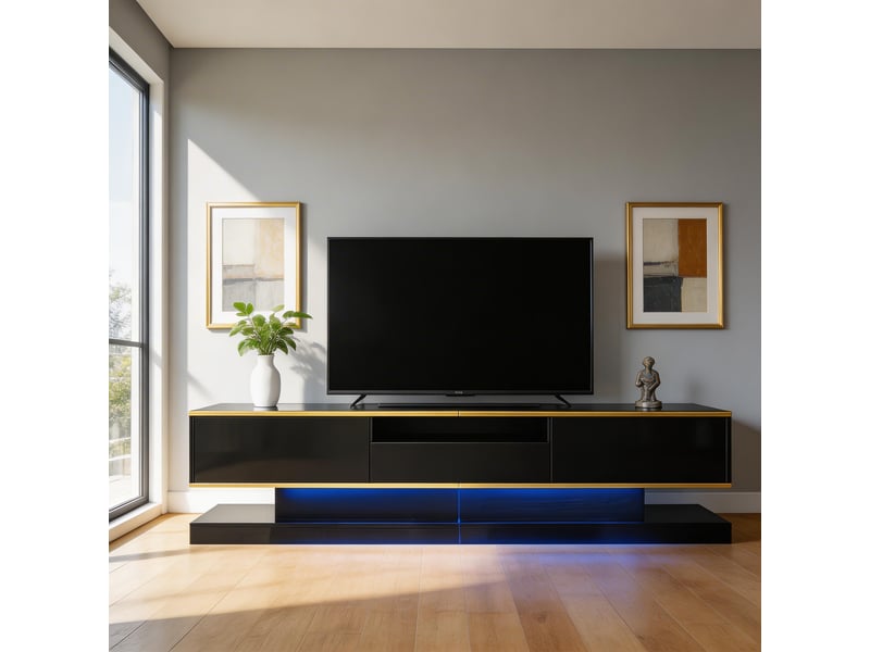  Meuble tv moderne 3 tiroirs 1 compartiment ouvert finition brillante led multicolore 180x38x45 cm  - Conforama B