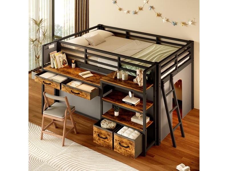  Lit mezzanine enfant 140x200cm avec bureau, lit surélevé avec tiroirs en tissu, étagères ouvertes, rideau et led multicolore, structure en métal, noir Seren Glow - Conforama E