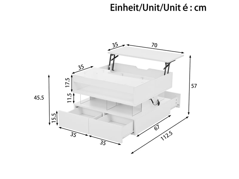  Table basse relevable rectangulaire blanc - 67x70 cm led panneau de particules table basse blanc - Conforama C