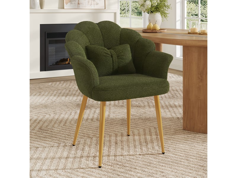  Fauteuil à dossier pétale, accoudoirs et coussin, pieds métalliques dorés en tissu bouclette vert, 64 × 65,5 × 85 cm  - Conforama B