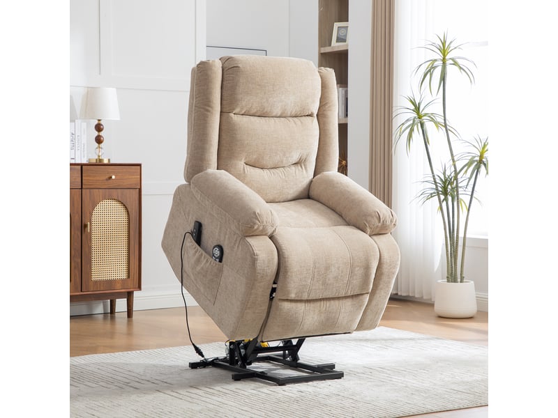 Fauteuil relax électrique releveur massant et chauffant en chenille beige clair Fay Lum - Conforama D