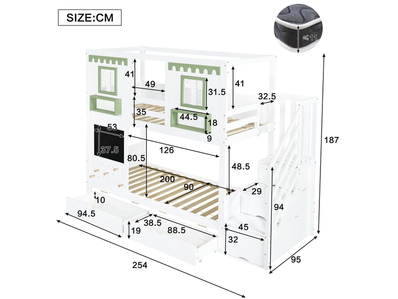  Lit superposé enfant 90x200 cm avec rangement, étagères, crochets, chambre d'enfant, mdf, blanc et vert sans matelas  - Conforama C