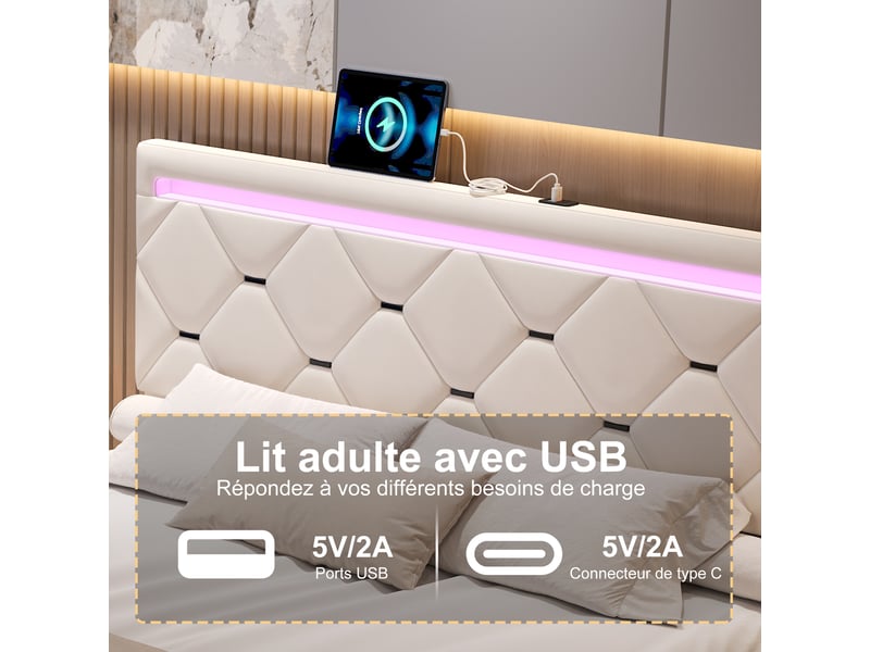  Lit double 160x200 cm,lit capitonné avec led et usb, lit rembourré avec 4 tiroirs de rangement,lit 160x200,velours,beige  - Conforama R