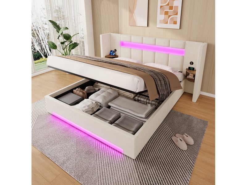  Cadre de lit 160 x 200 cm beige en velours avec rangement hydraulique, led et ports usb  - Conforama D