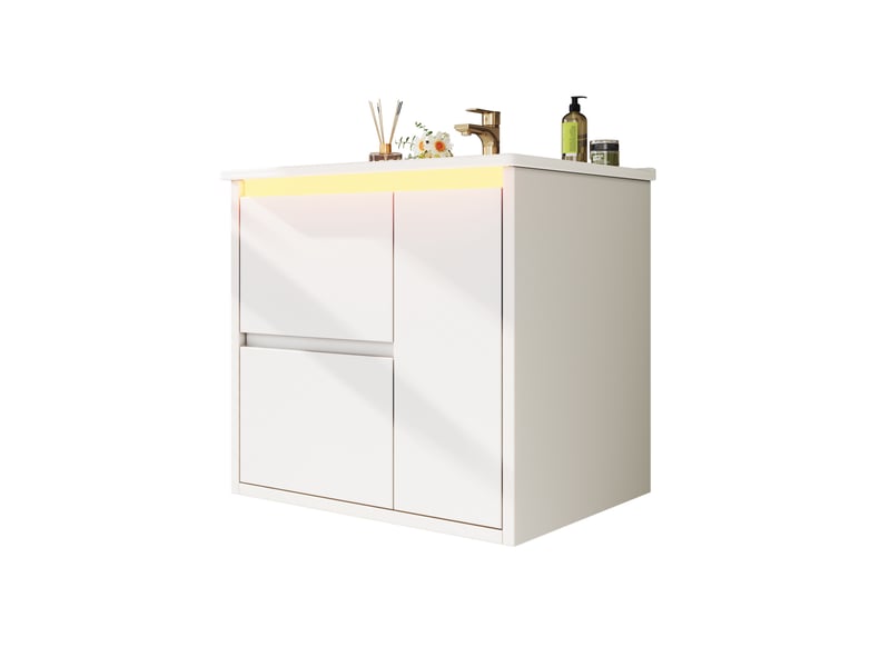 Meuble vasque mural blanc avec lavabo intégré, éclairage led à capteur et charnières amorties 61 cm - Conforama D