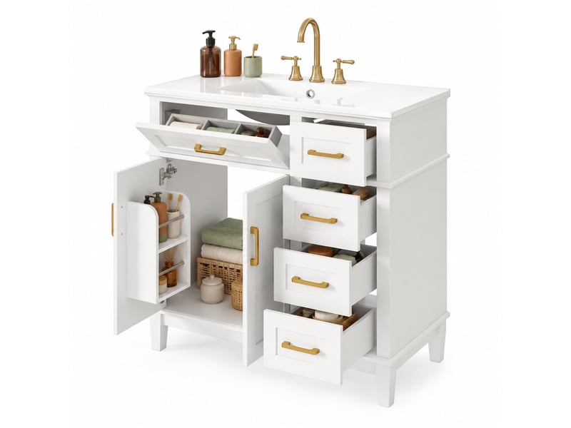  Meuble vasque sur pied 90 x 46 x 87 cm, lavabo en céramique, blanc et doré  - Conforama A