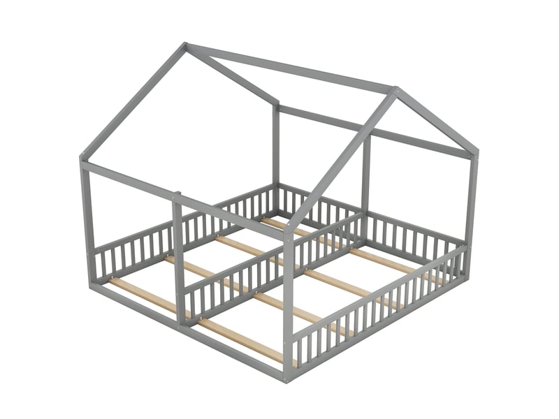  Lit cabane enfant 2 places de 200×90 cm chacune, avec barrières de protection, en pin et mdf gris  - Conforama E
