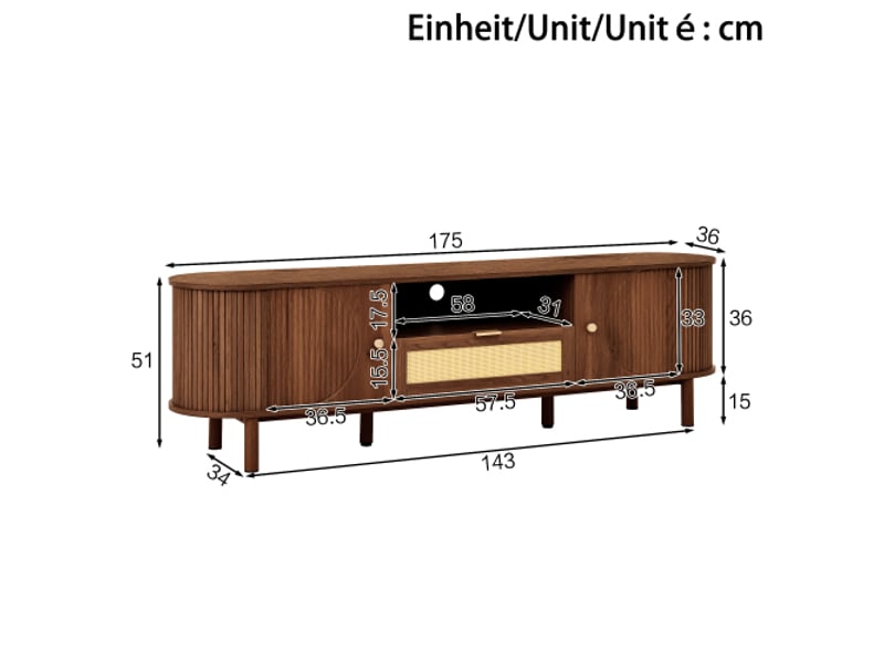 Meuble tv en rotin moderne avec tiroirs et casiers ouverts – plateau arrondi, pieds métal-bois, mobilier salon - Conforama C