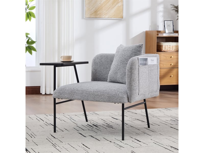  Fauteuil de salon moderne avec table d'appoint - 86x72x71cm - design avec poches de rangement et cadre métal - gris  - Conforama C