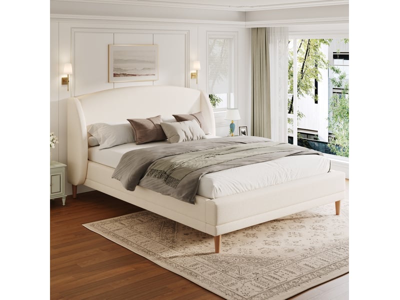 Lit 2 places 140x190 cm en tissu bouclé blanc ivoire avec tête de lit à oreilles  - Conforama B
