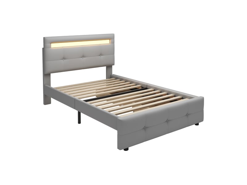  Lit avec tiroirs, lit simple 90×200 cm en tissu gris avec 2 tiroirs, led et tête réglable, sans matelas  - Conforama E
