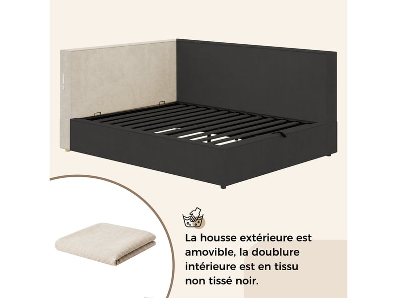  Lit banquette 140 x 190 cm avec led, usbusb-c et coffre hydraulique - lit rembourré avec sommier à lattes et tête de lit en chenille beige Fay Lum - Conforama W