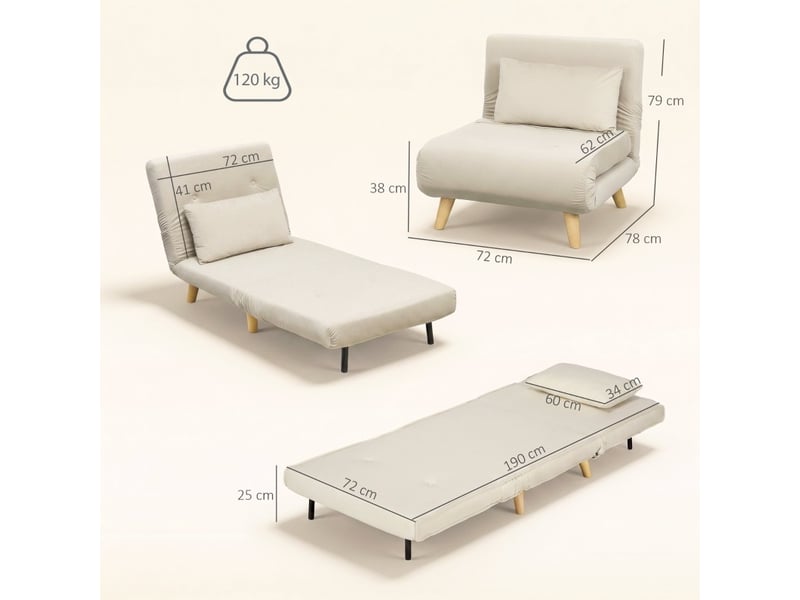  Fauteuil convertible 1 place en velours beige, dossier réglable 6 positions, couchage d'appoint 72 x 190 cm  - Conforama C