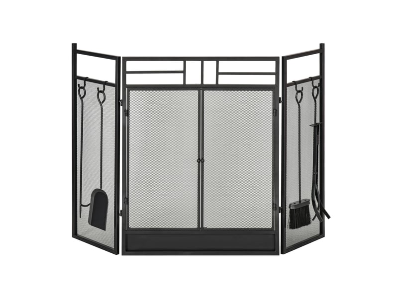  Pare-feu large pour cheminée ou poêle - pare-étincelles serviteur de cheminée 2 en 1 avec accessoires - 3 volets pliables et porte - acier métal noir  - Conforama A