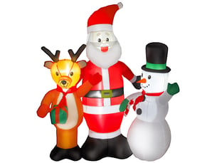Père noël gonflable de 150 cm avec rennes et bonhomme de neige, lumières led et gonfleur électrique pour jardin et pelouse extérieurs.