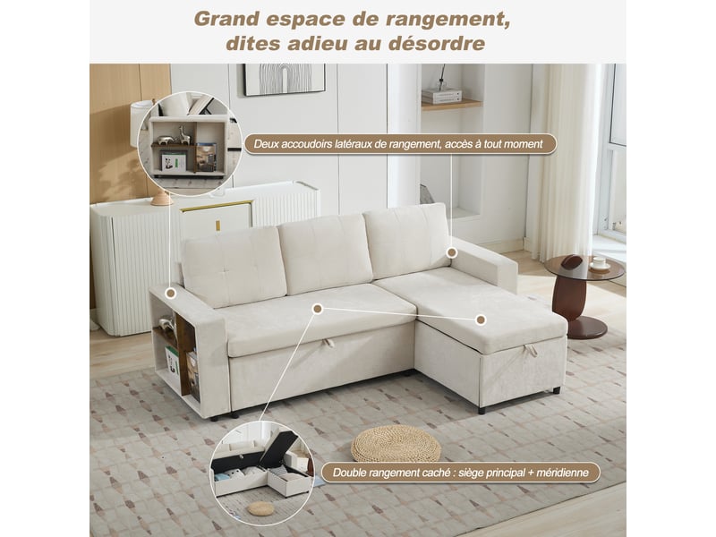  Canapé d'angle avec rangement,3 places,tablettes accoudoirs,en chenille,charge 120 kg,montage facile,beige,202x136x85 cm  - Conforama B