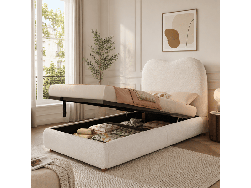  Lit coffre simple 90 x 200 cm avec tête de lit rembourrée et sommier relevable, rangement sous le couchage, finition douce, tissu bouclé, beige Morn Vibe - Conforama C