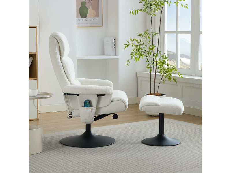  Fauteuil relax pivotant avec massage à 5 points, fonction chauffante, repose-pieds, en chenille blanc  - Conforama D