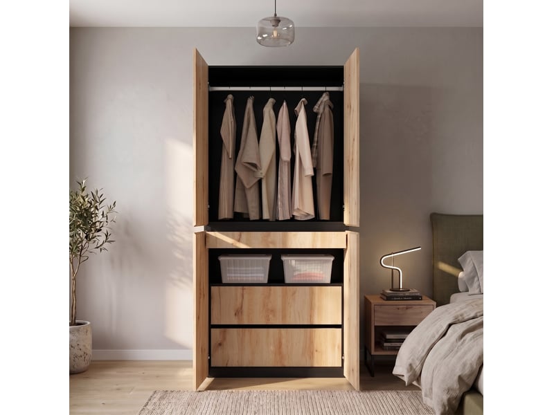  Armoire modenvie 4 portes avec rangement bijoux et penderie 90 x 50 x 200 cm décor chêne  - Conforama D