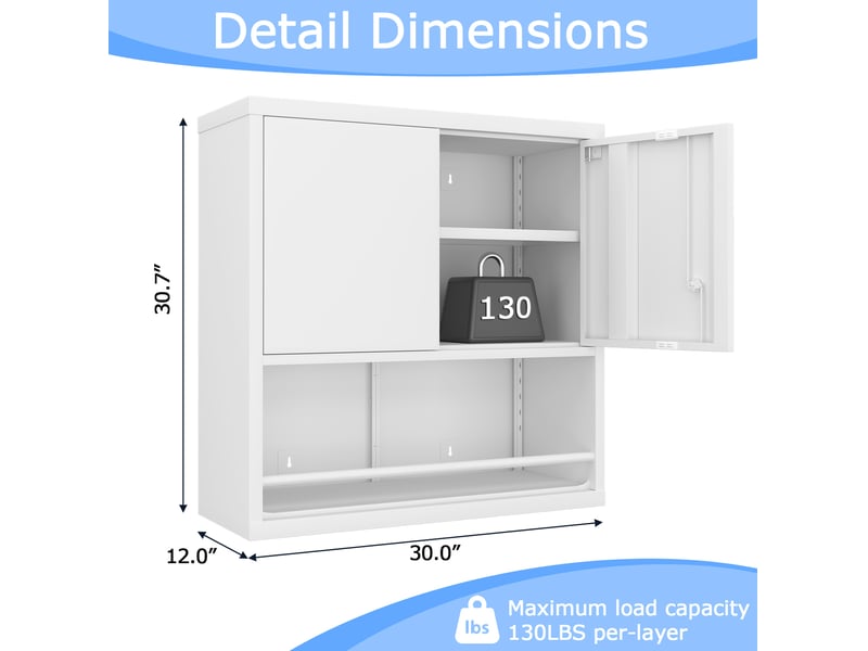  Armoire murale de rangement à 2 portes avec étagères réglables moderne en métal blanc pour cuisine et bureau  - Conforama C