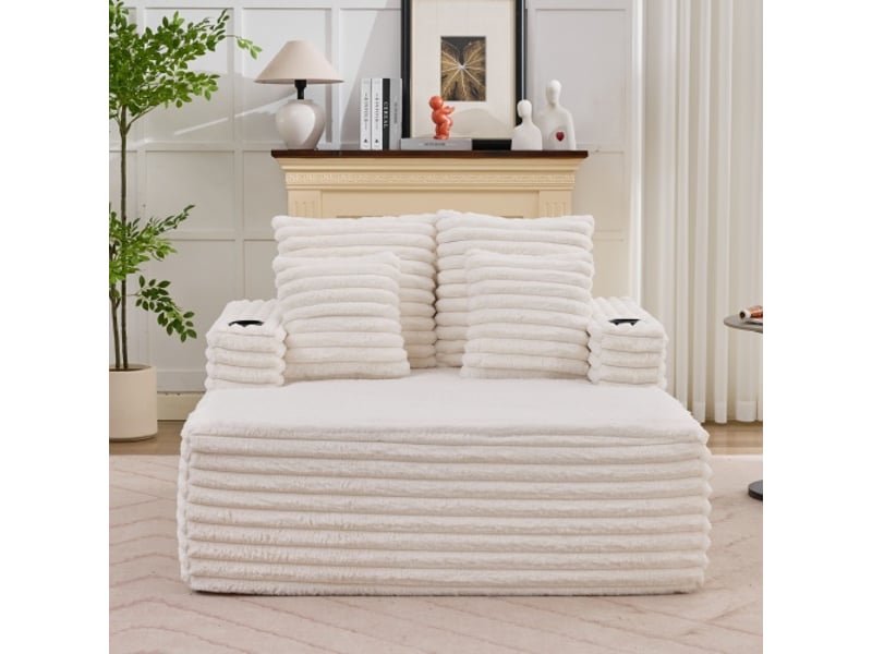  Canapé 2 places en fausse fourrure blanche avec porte-gobelets et tiroir intégré sous l'assise  - Conforama C
