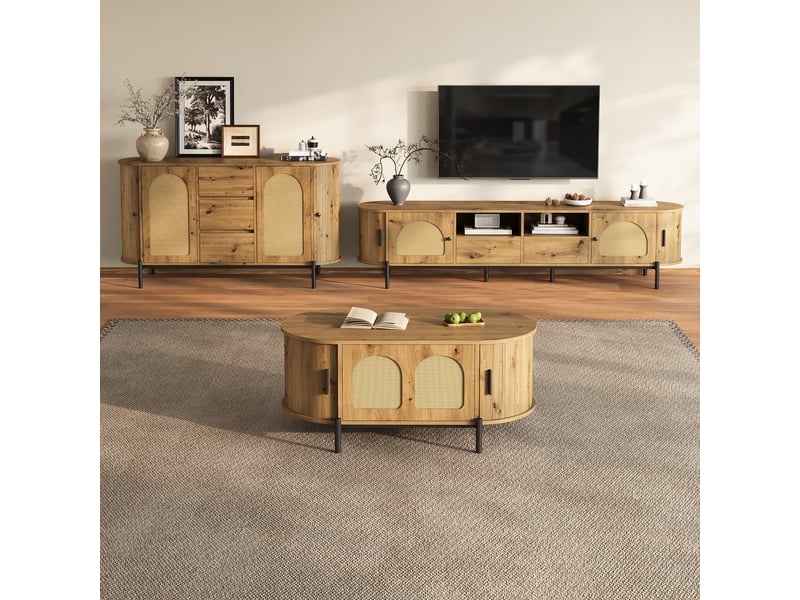 Meuble tv avec table basse et buffet, 6 portes coulissantes et rangement fermé - pour salon - en mdf - naturel - Conforama B