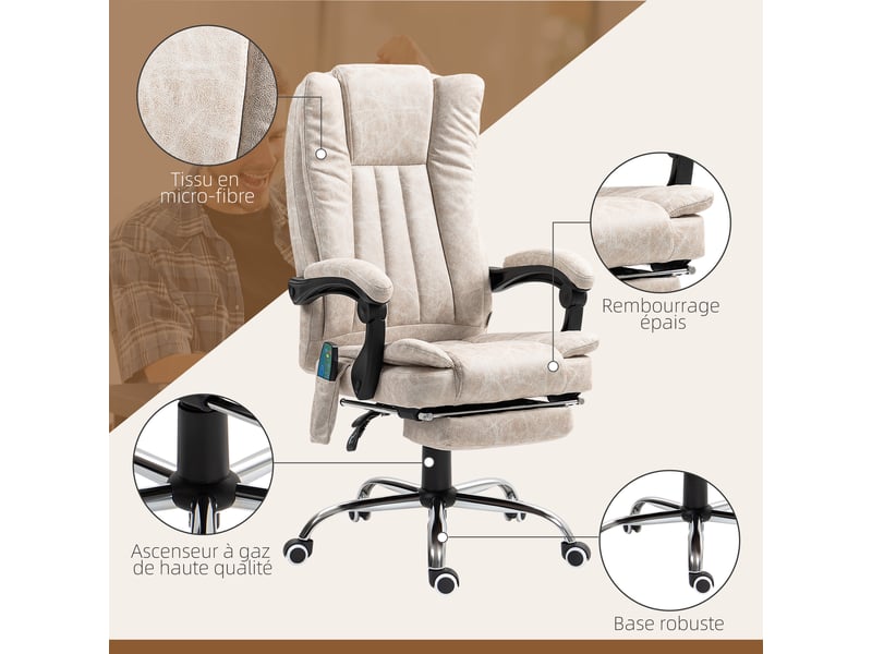  Fauteuil de bureau massant et chauffant avec hauteur réglable, repose-pied et télécommande, dossier inclinable, crème  - Conforama W