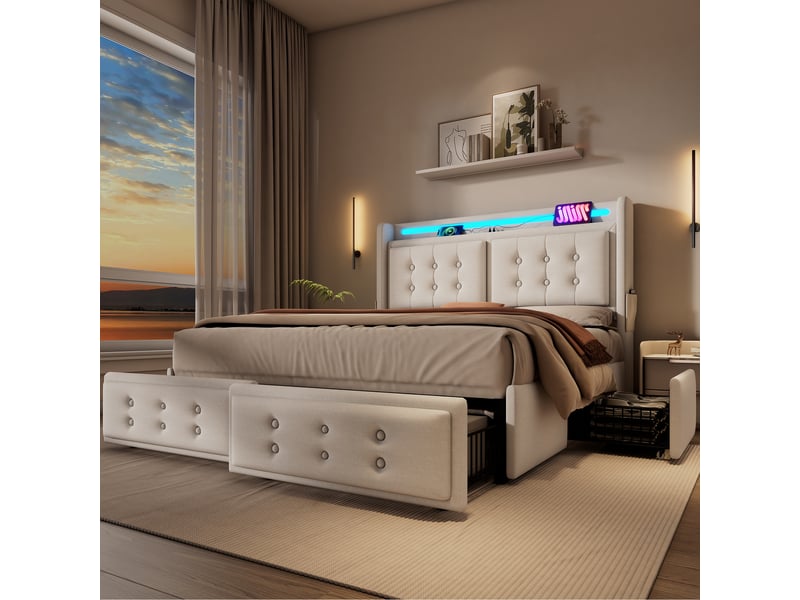  Lit double 160×200 cm avec 4 tiroirs, led réglable, usb et type-c - okmyhome- beige, matelas inclus  - Conforama C