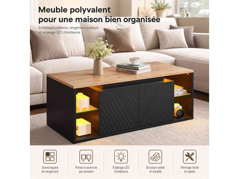  Table basse led 100 x 50 x 41 cm noire, 2 portes, rangement semi-ouvert, panneaux de particules, charge 30 kg  - Conforama E