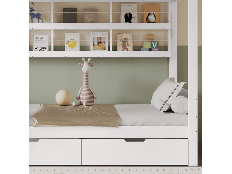 Elvmi lit superposé enfant 90x200 cm avec barrière de sécurité intégrale, échelle à 5 marches, 2 tiroirs sur roulettes et étagères ouvertes latérales réglables, structure en bois massif de pin et mdf, blanc et naturel - Conforama E