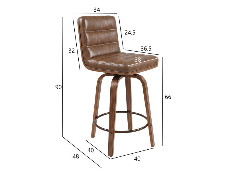  Tabouret de bar pivotant avec dossier ergonomique et repose-pieds, en métal et bois, marron roux  - Conforama D