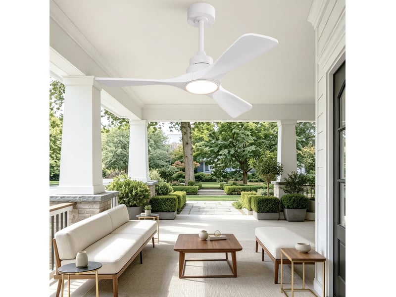  Ventilateur de plafond 106 cm blanc, métal et bois, led 3cct, moteur dc réversible, télécommande  - Conforama B