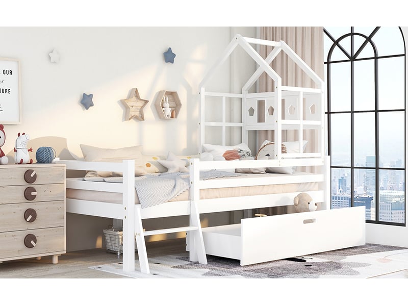  Lit enfant 90x200 cm – lit simple avec cadre bois, échelle et tiroirs – sans matelas – blanc  - Conforama B