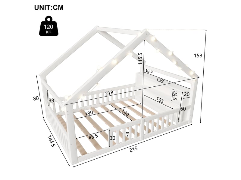  Lit cabane enfant 140x190 cm avec barrières, perles led et rangements intégrés en bois de pin blanc sans matelas  - Conforama C