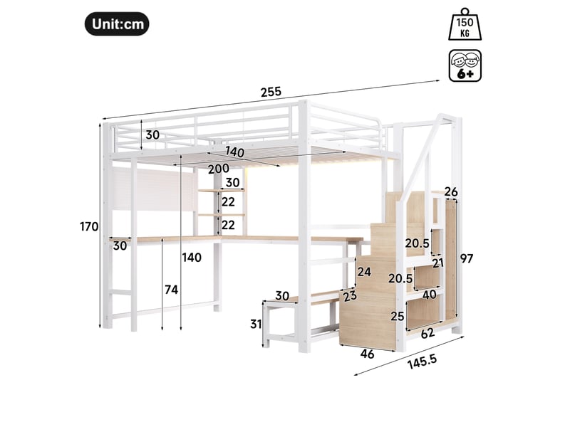 Lit mezzanine 140 × 200 cm avec bureau, étagères, escalier de rangement, led et prises usb pour chambre, blanc - Conforama C
