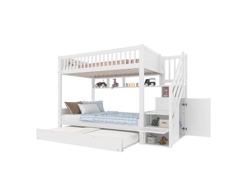  Lit superposé enfant 90x200 cm avec lit gigogne, rangement et armoire blanc  - Conforama A