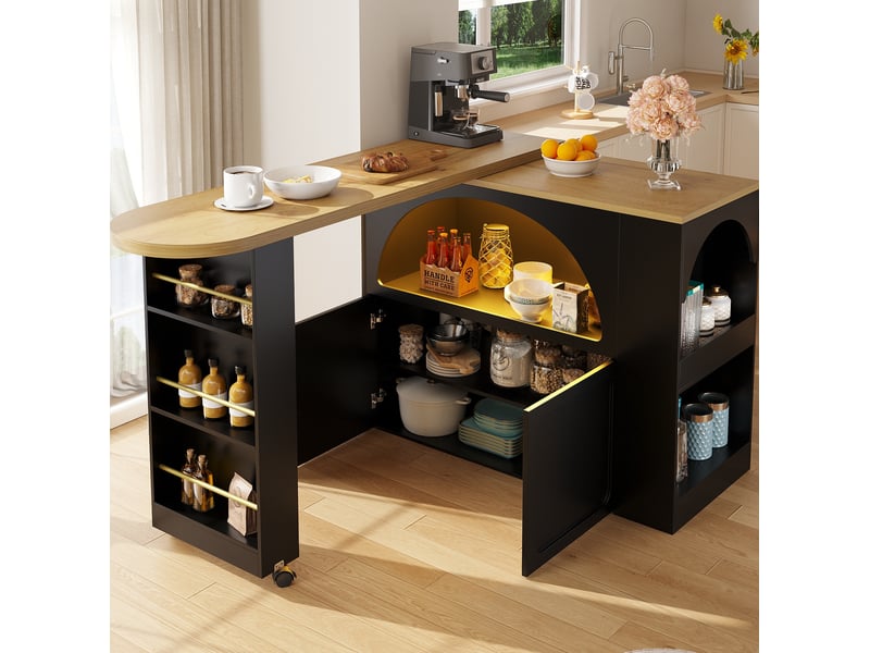 Bar mobile modenvie extensible avec rangement, led et usb, mdf noir, 135-205 x 39 x 100 cm - Conforama E