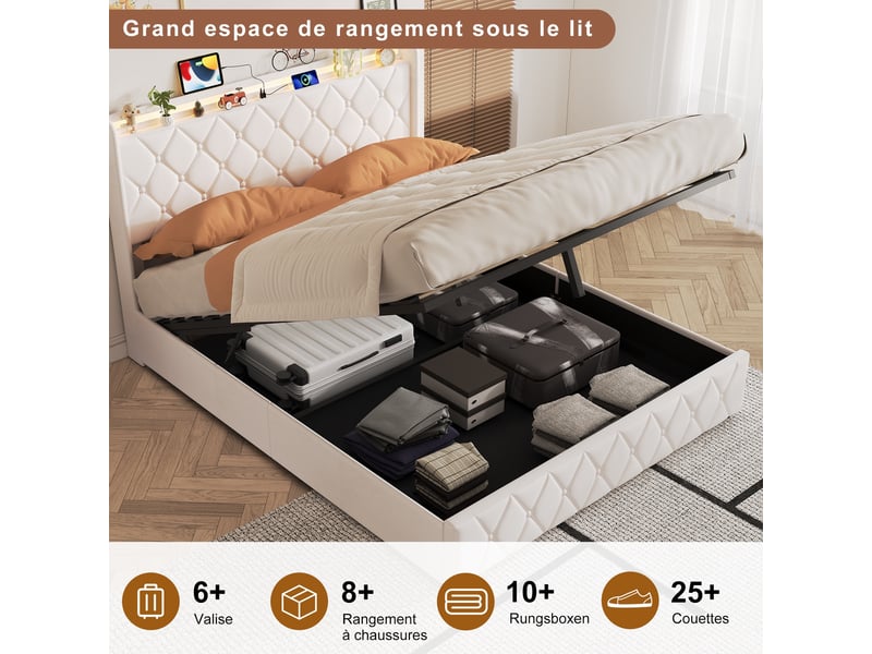  Lit coffre 140x200cm - lit double 140x200 et sommier - lit 140x200 avec tête de lit led, prises usbtype-c - beige  - Conforama D