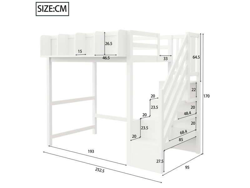 Lit mezzanine enfant 90x200 cm – blanc – led, rangements ouverts et échelle sécurisée - sans matelas - Conforama C